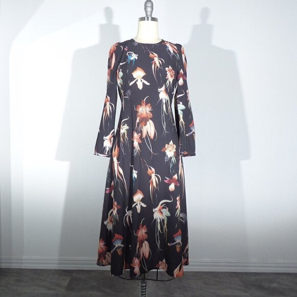 H&M Floral Lilly Flowers Dress Black 4 Slit Back Long Sleeves A line - Picture 1 of 6